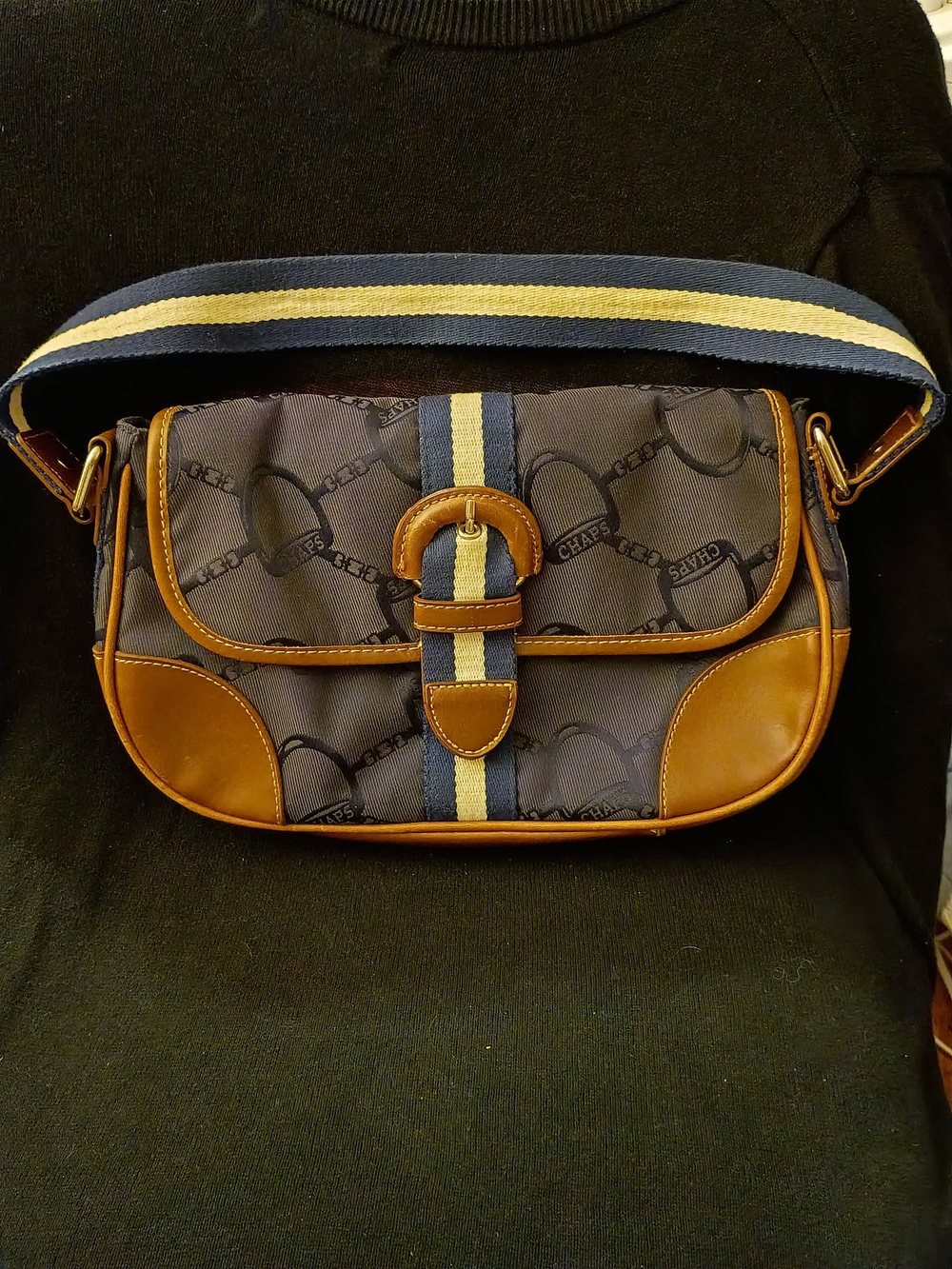 Chaps Navy, Cream & Tan Signature Buckle Hobo with Striped Strap
